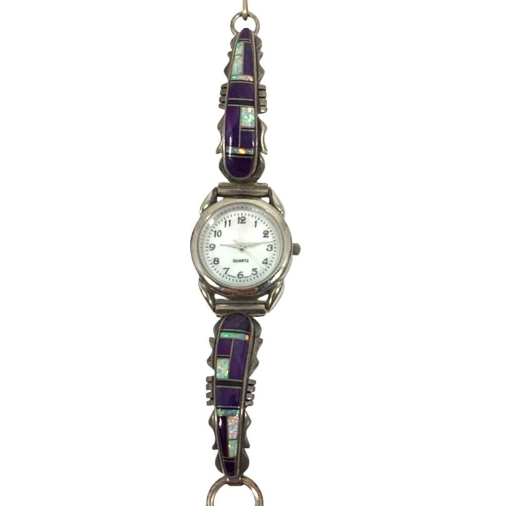 Vintage Sterling Silver Signed Native American Charoite Opal Watch UNTESTED